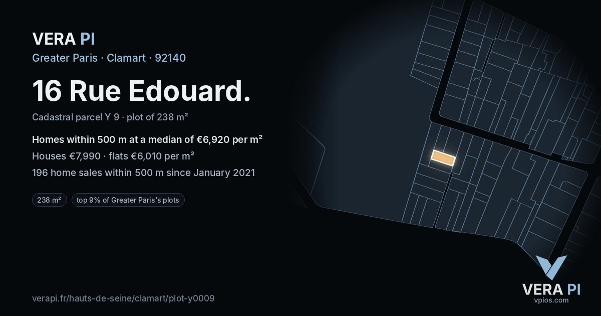 16 Rue Edouard, Clamart at night – the plot lit, the parcels around coloured by the prices near them