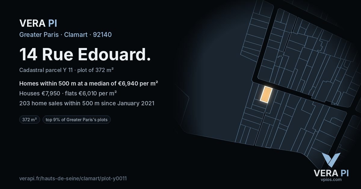 14 Rue Edouard, Clamart at night – the plot lit, the parcels around coloured by the prices near them