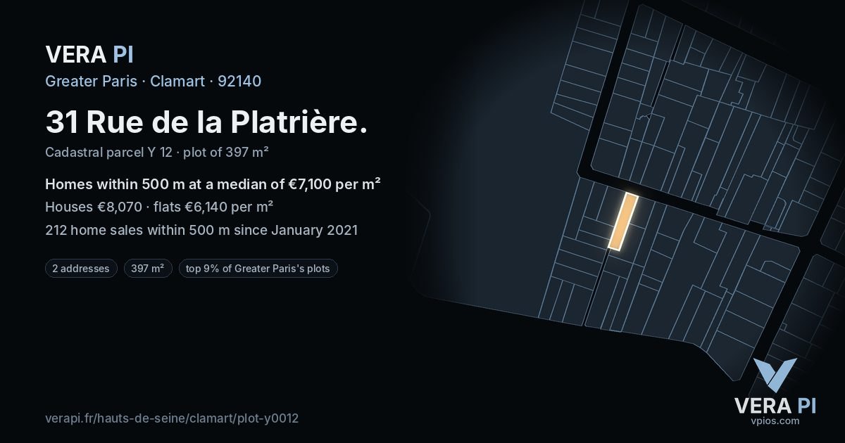 31 Rue de la Platrière, Clamart at night – the plot lit, the parcels around coloured by the prices near them