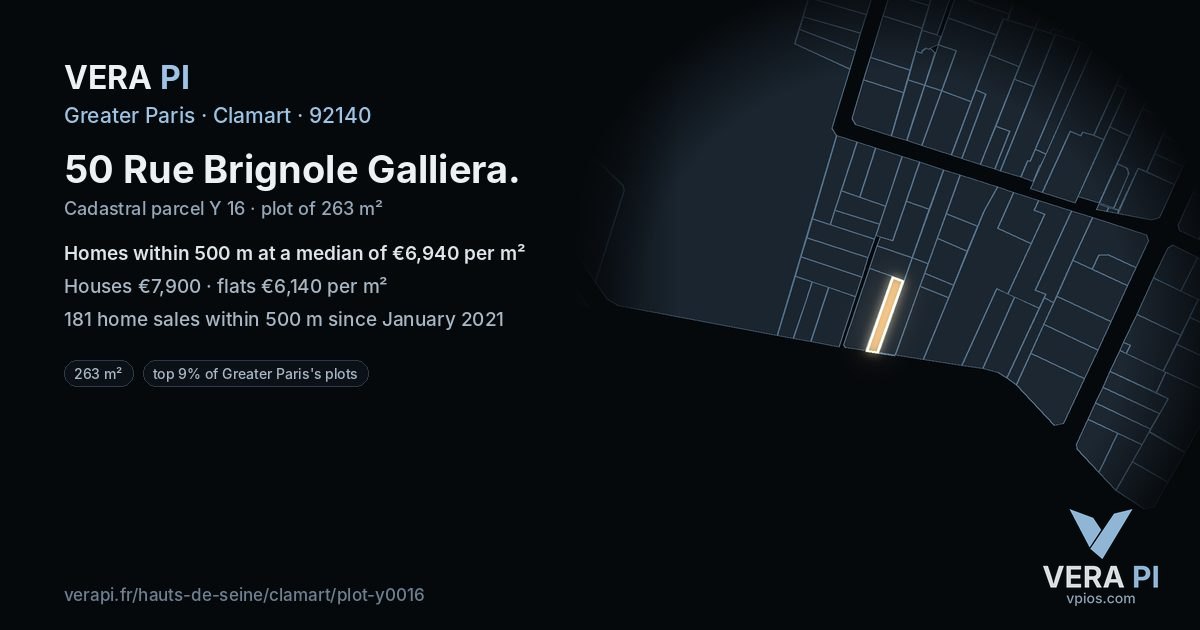50 Rue Brignole Galliera, Clamart at night – the plot lit, the parcels around coloured by the prices near them