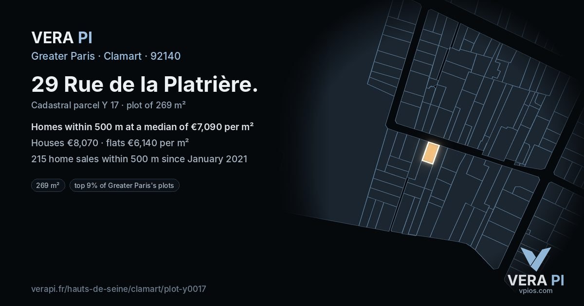 29 Rue de la Platrière, Clamart at night – the plot lit, the parcels around coloured by the prices near them