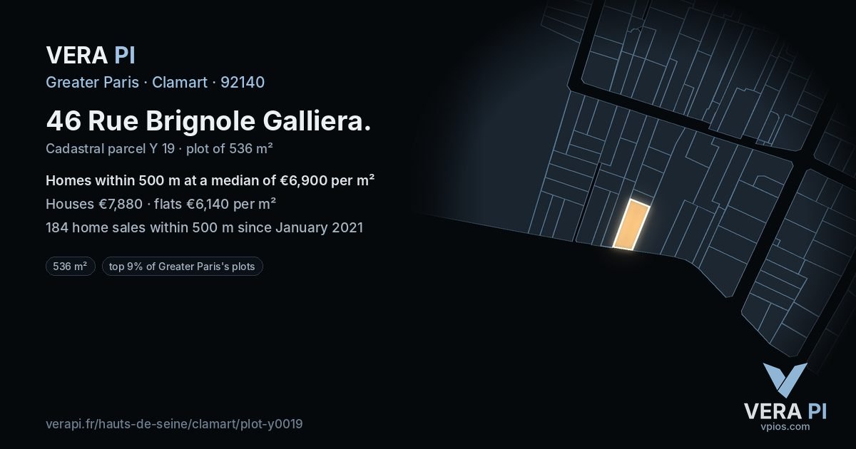 46 Rue Brignole Galliera, Clamart at night – the plot lit, the parcels around coloured by the prices near them