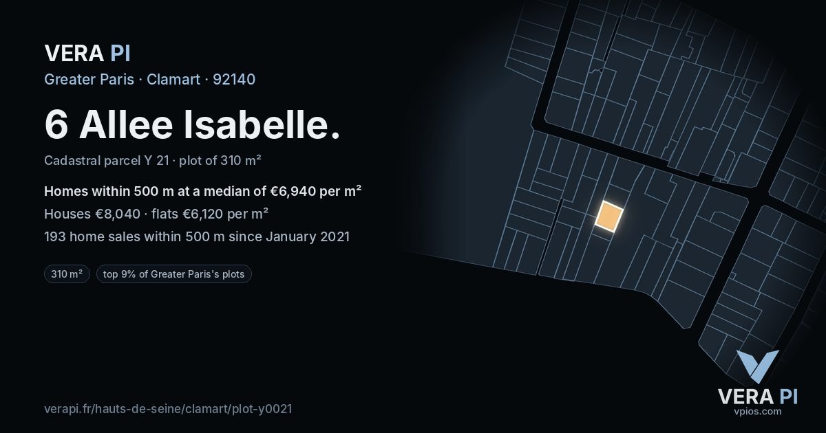 6 Allee Isabelle, Clamart at night – the plot lit, the parcels around coloured by the prices near them