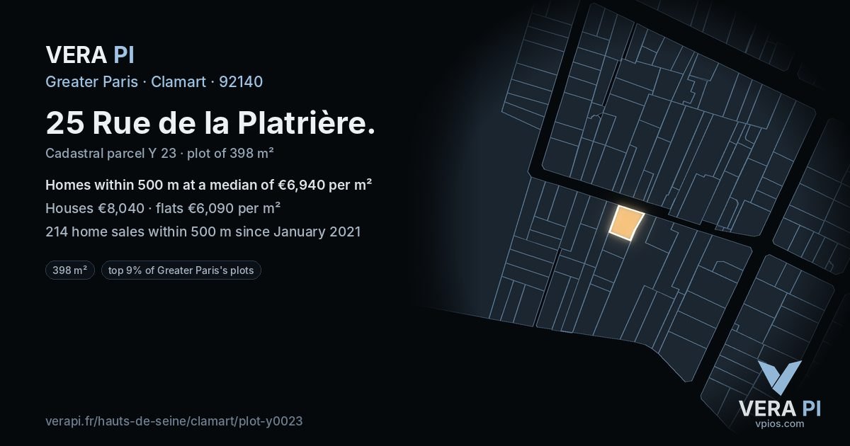 25 Rue de la Platrière, Clamart at night – the plot lit, the parcels around coloured by the prices near them