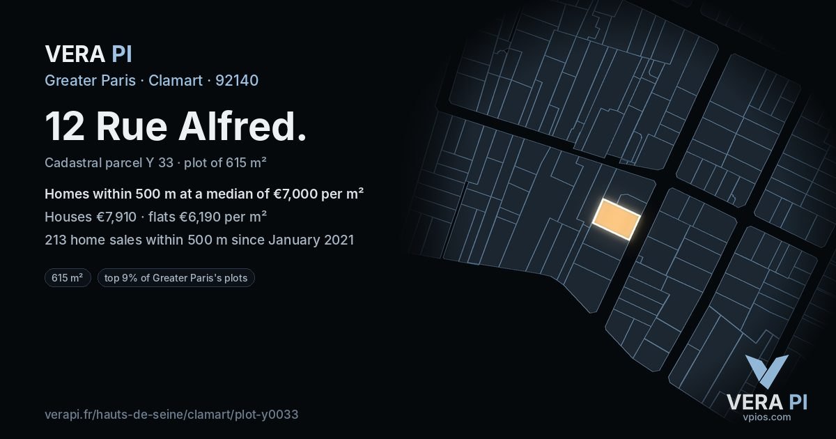 12 Rue Alfred, Clamart at night – the plot lit, the parcels around coloured by the prices near them