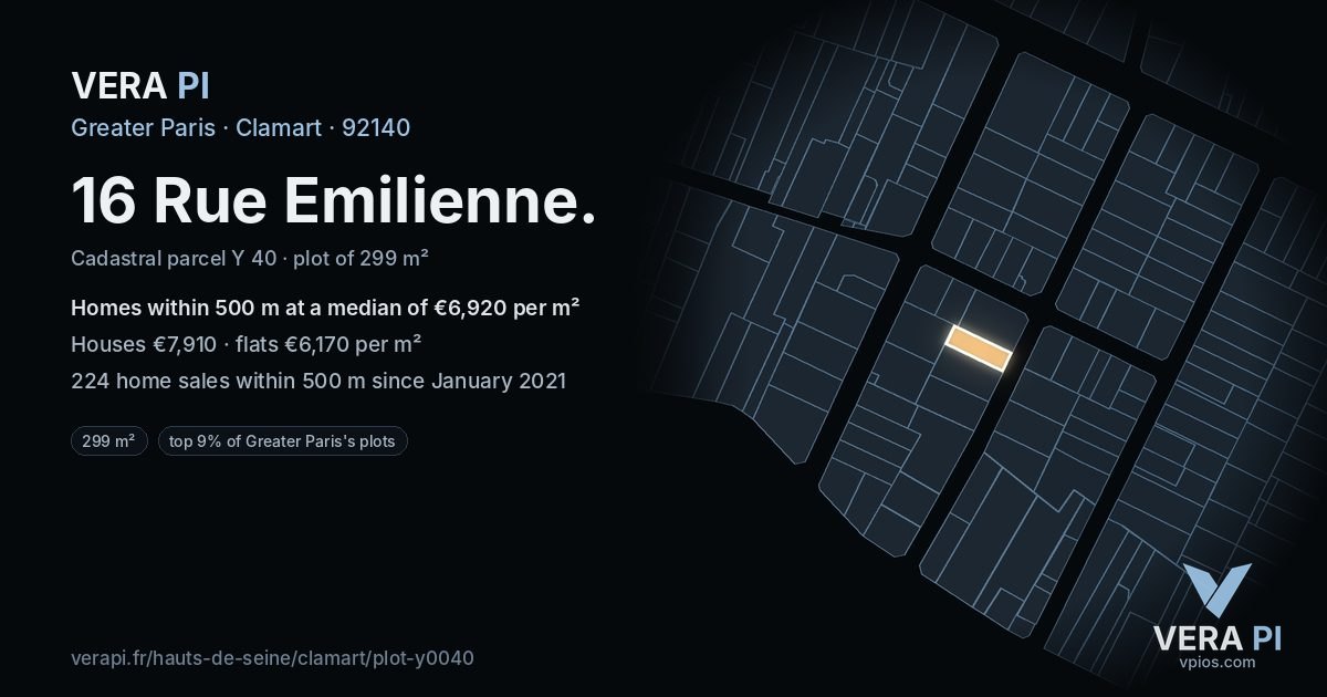 16 Rue Emilienne, Clamart at night – the plot lit, the parcels around coloured by the prices near them