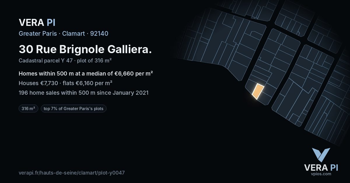 30 Rue Brignole Galliera, Clamart at night – the plot lit, the parcels around coloured by the prices near them