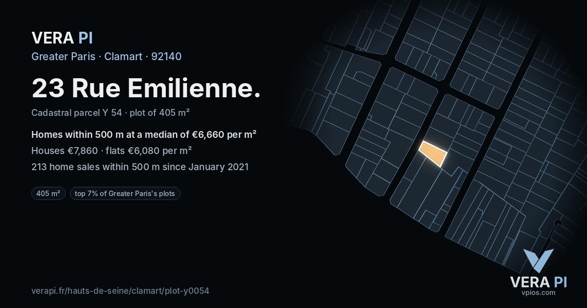 23 Rue Emilienne, Clamart at night – the plot lit, the parcels around coloured by the prices near them