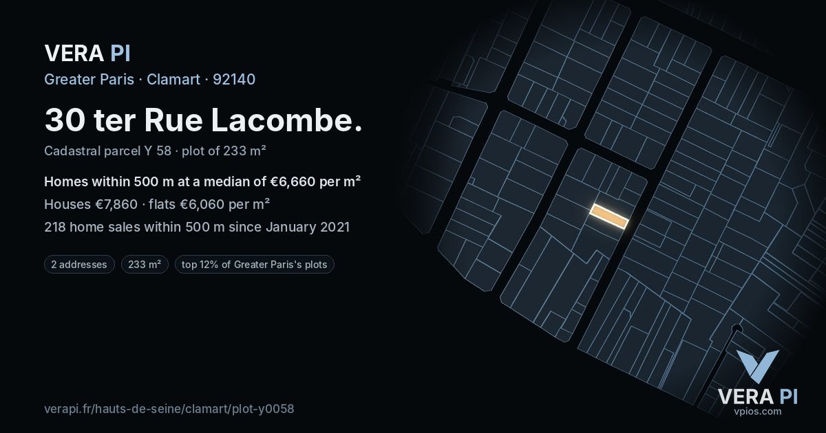 30 ter Rue Lacombe, Clamart at night – the plot lit, the parcels around coloured by the prices near them