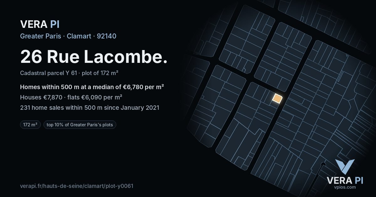26 Rue Lacombe, Clamart at night – the plot lit, the parcels around coloured by the prices near them