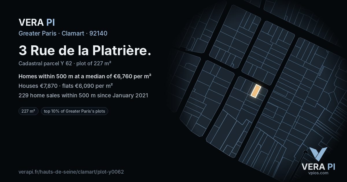 3 Rue de la Platrière, Clamart at night – the plot lit, the parcels around coloured by the prices near them