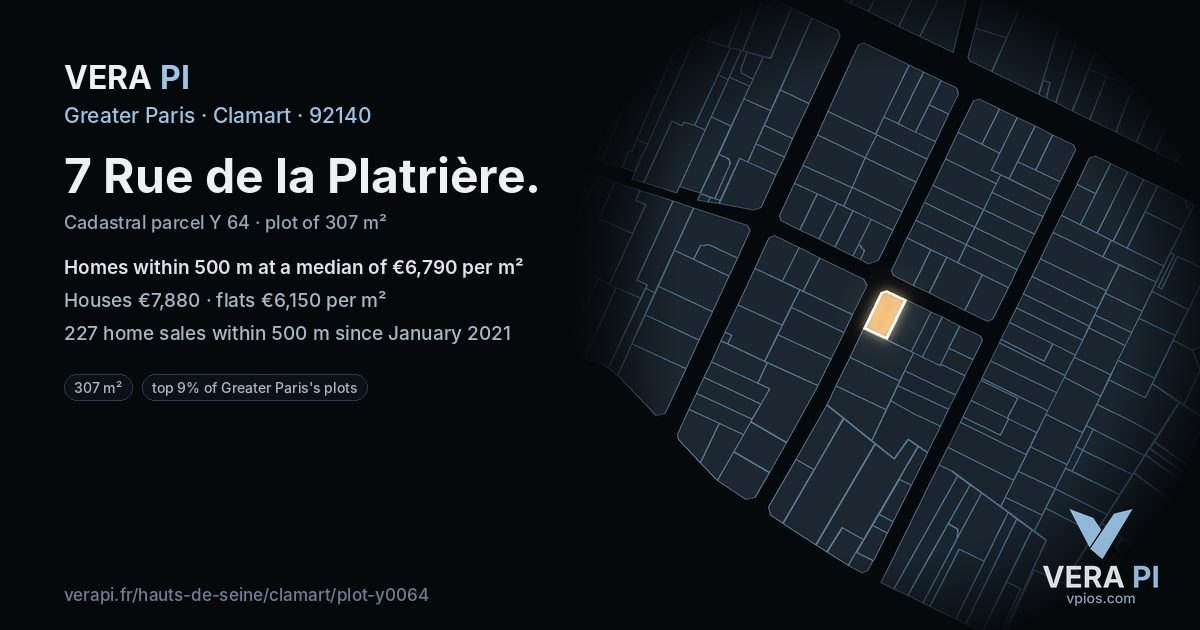 7 Rue de la Platrière, Clamart at night – the plot lit, the parcels around coloured by the prices near them