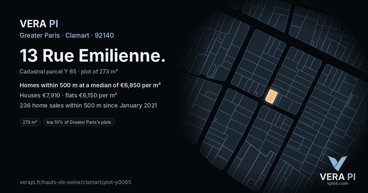 13 Rue Emilienne, Clamart at night – the plot lit, the parcels around coloured by the prices near them