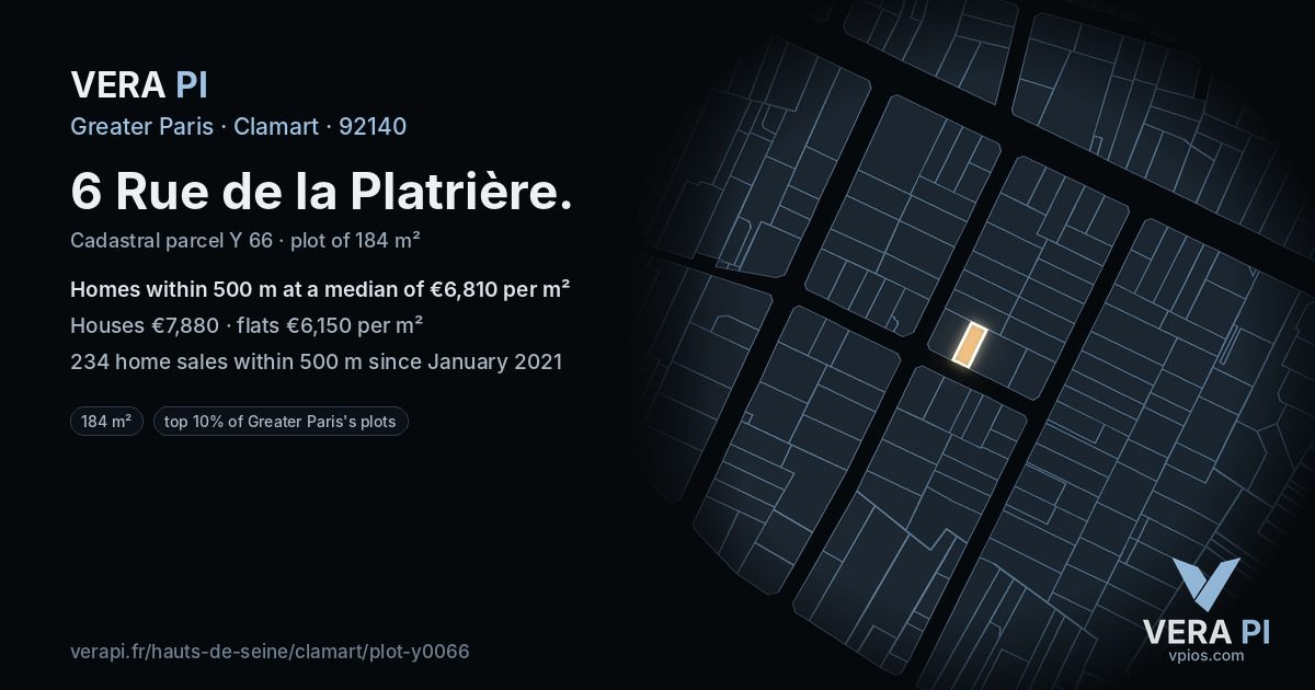 6 Rue de la Platrière, Clamart at night – the plot lit, the parcels around coloured by the prices near them