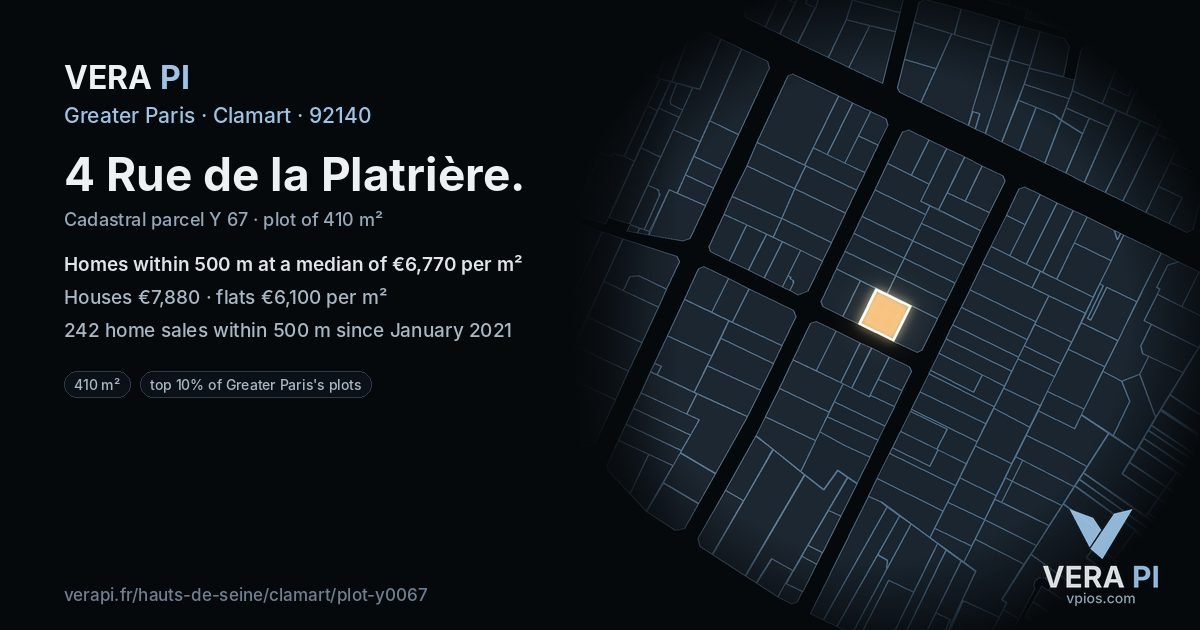 4 Rue de la Platrière, Clamart at night – the plot lit, the parcels around coloured by the prices near them
