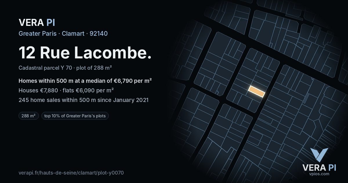 12 Rue Lacombe, Clamart at night – the plot lit, the parcels around coloured by the prices near them