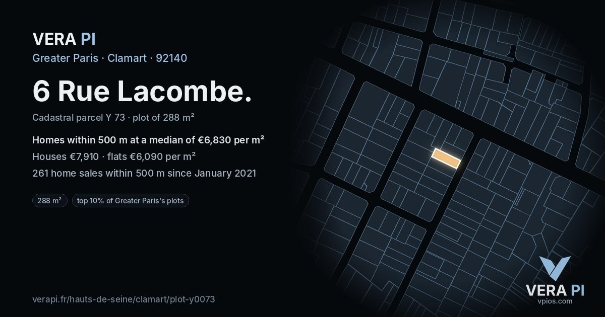 6 Rue Lacombe, Clamart at night – the plot lit, the parcels around coloured by the prices near them