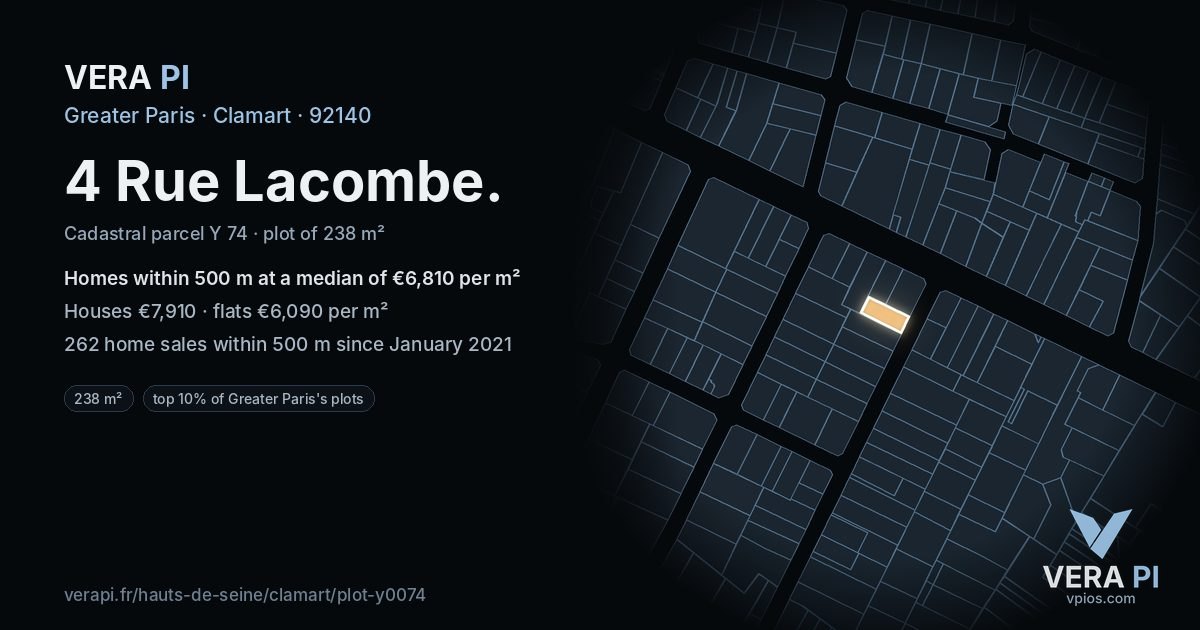 4 Rue Lacombe, Clamart at night – the plot lit, the parcels around coloured by the prices near them