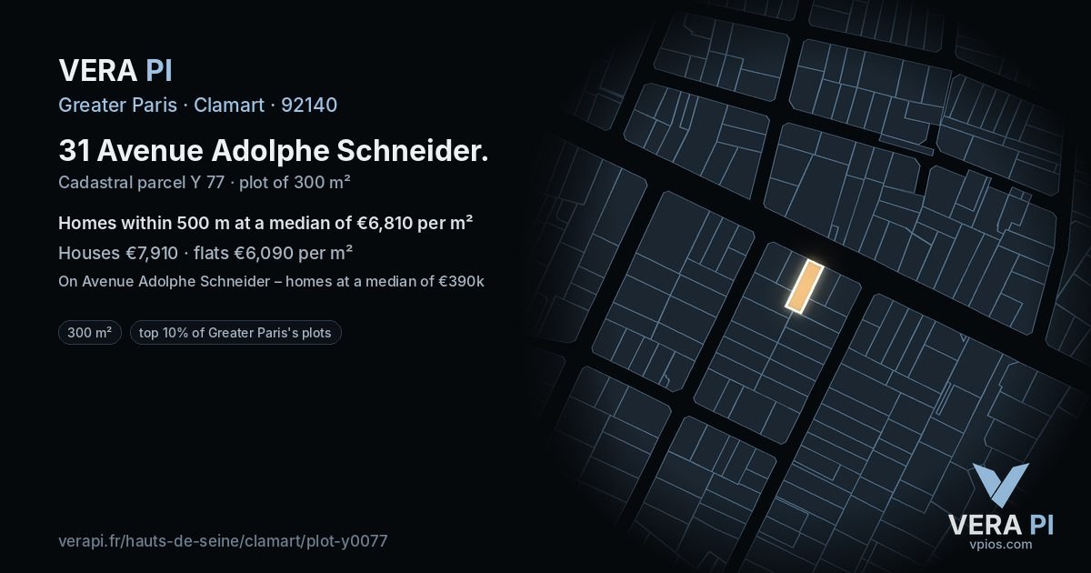 31 Avenue Adolphe Schneider, Clamart at night – the plot lit, the parcels around coloured by the prices near them
