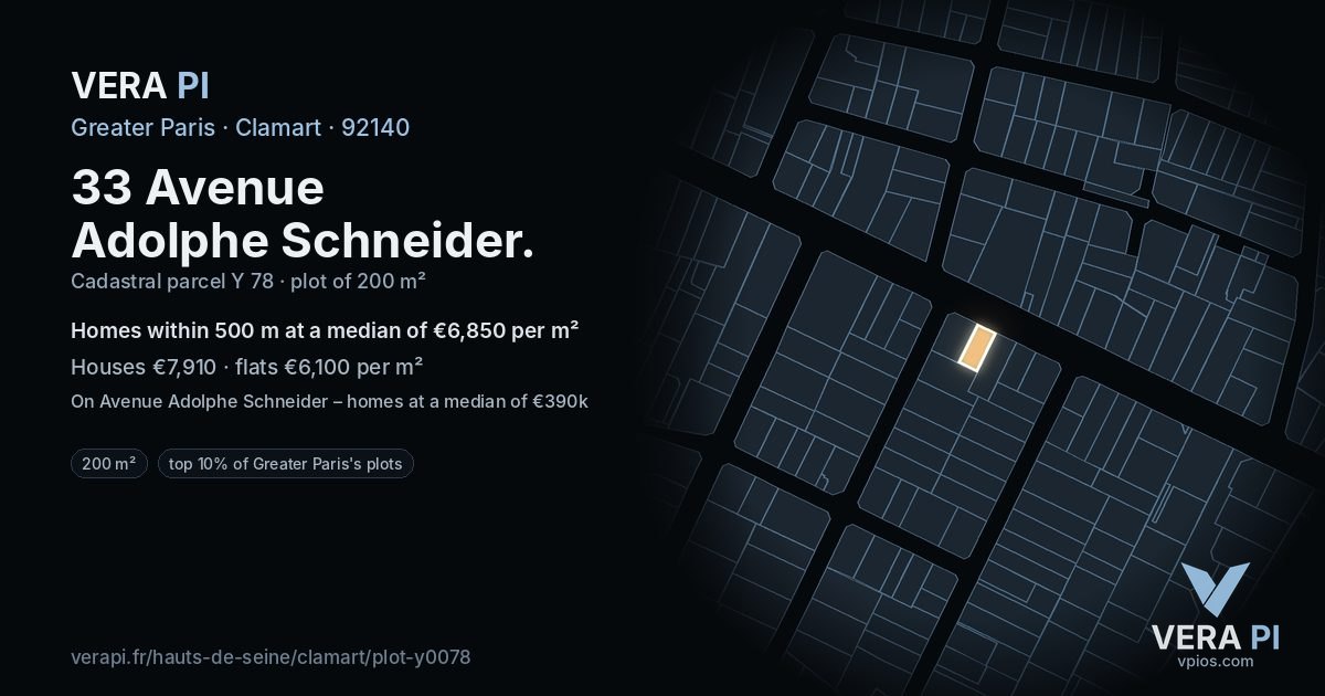 33 Avenue Adolphe Schneider, Clamart at night – the plot lit, the parcels around coloured by the prices near them