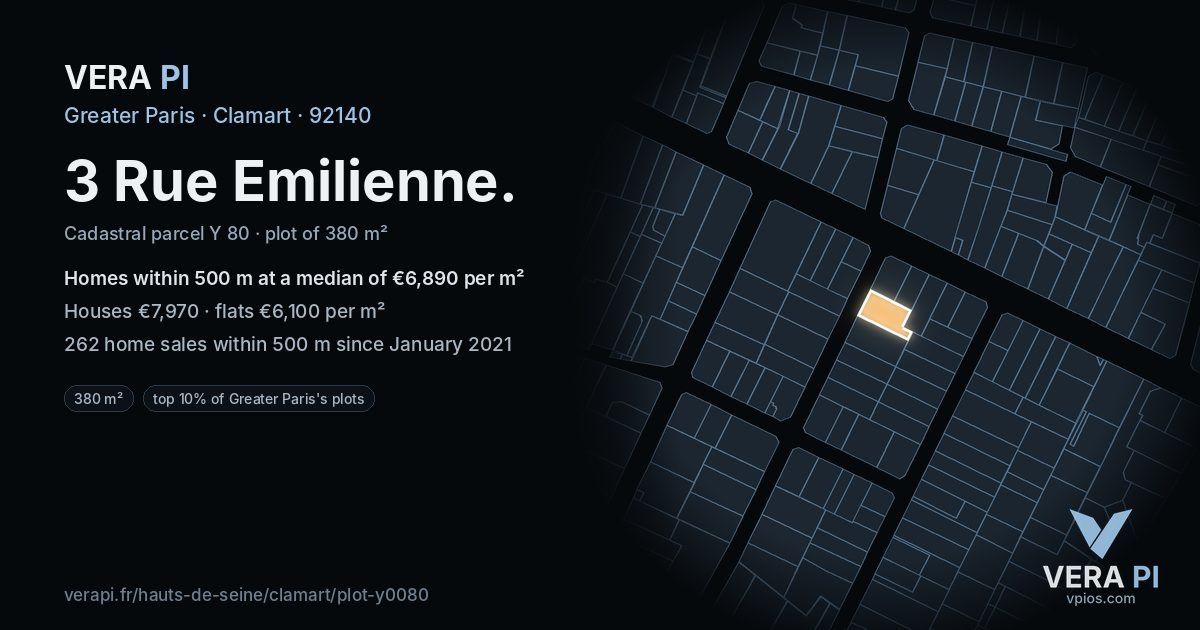 3 Rue Emilienne, Clamart at night – the plot lit, the parcels around coloured by the prices near them