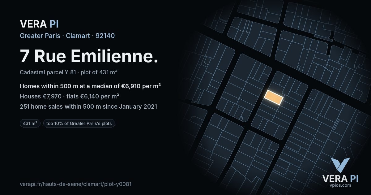 7 Rue Emilienne, Clamart at night – the plot lit, the parcels around coloured by the prices near them