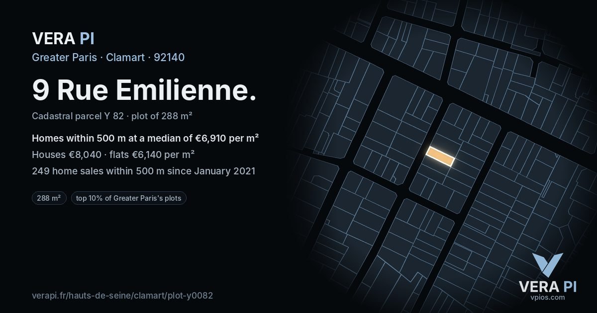 9 Rue Emilienne, Clamart at night – the plot lit, the parcels around coloured by the prices near them