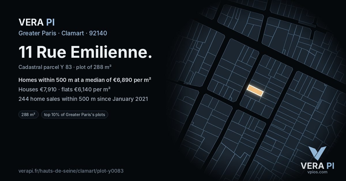 11 Rue Emilienne, Clamart at night – the plot lit, the parcels around coloured by the prices near them
