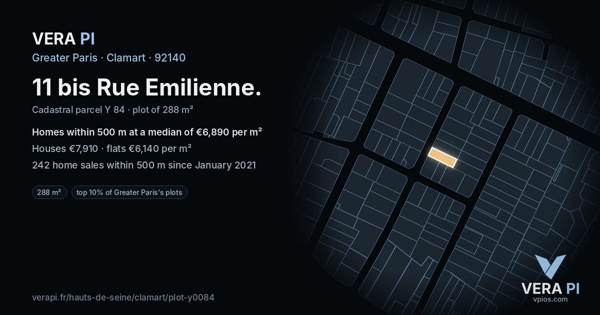 11 bis Rue Emilienne, Clamart at night – the plot lit, the parcels around coloured by the prices near them