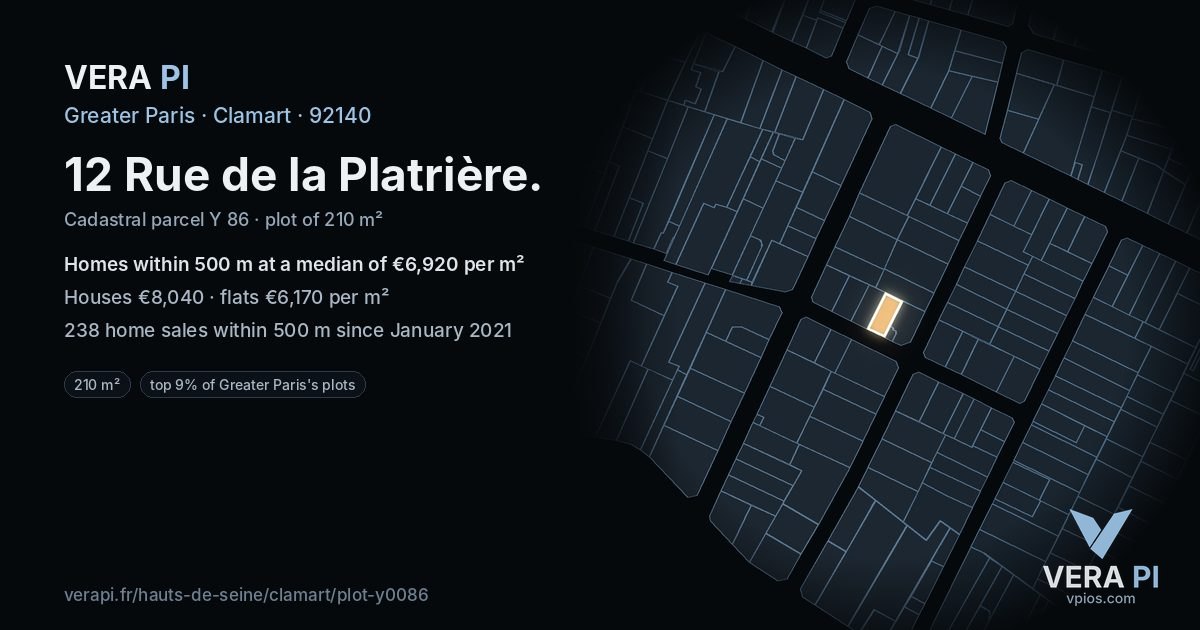 12 Rue de la Platrière, Clamart at night – the plot lit, the parcels around coloured by the prices near them
