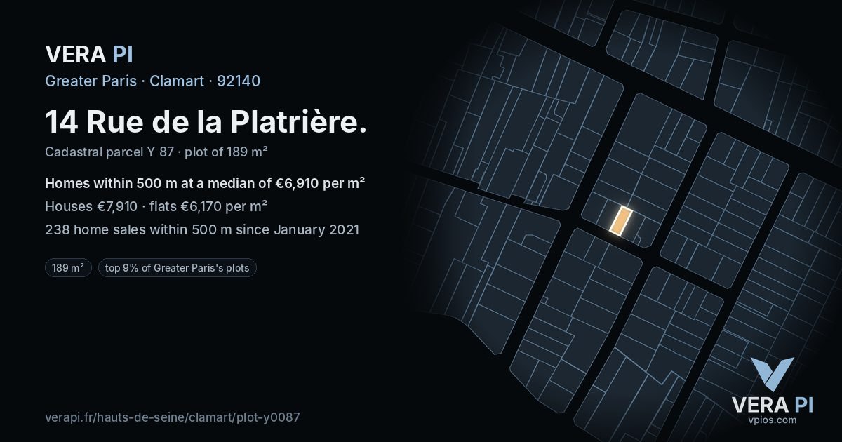 14 Rue de la Platrière, Clamart at night – the plot lit, the parcels around coloured by the prices near them