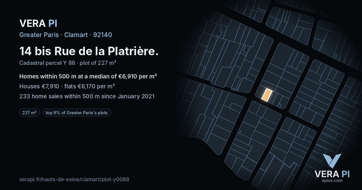 14 bis Rue de la Platrière, Clamart at night – the plot lit, the parcels around coloured by the prices near them