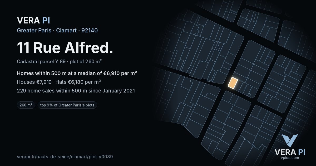 11 Rue Alfred, Clamart at night – the plot lit, the parcels around coloured by the prices near them