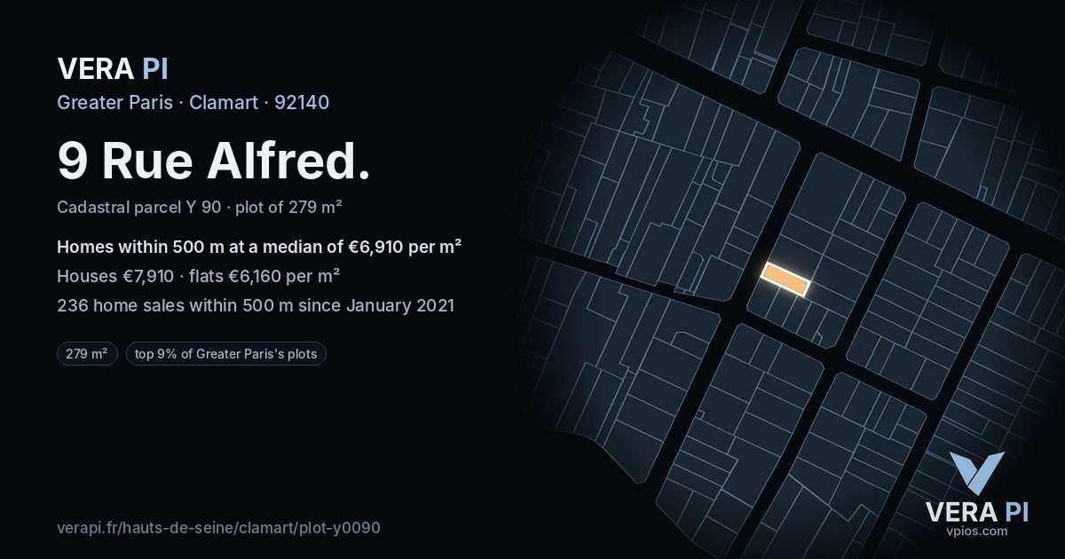 9 Rue Alfred, Clamart at night – the plot lit, the parcels around coloured by the prices near them