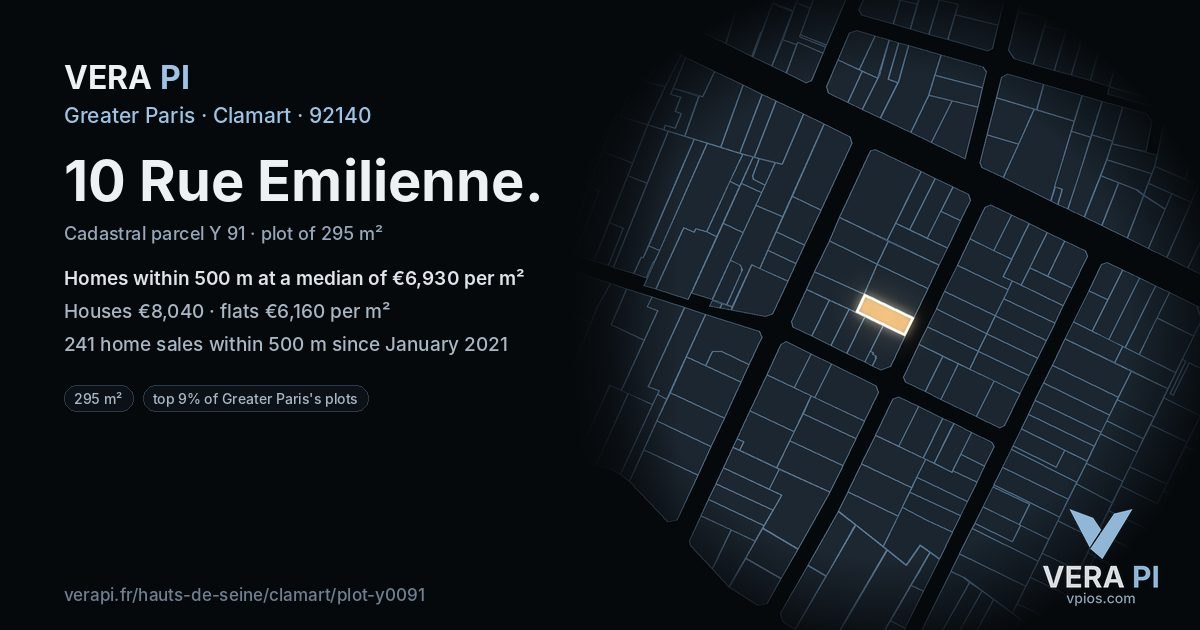 10 Rue Emilienne, Clamart at night – the plot lit, the parcels around coloured by the prices near them