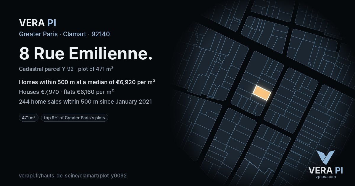 8 Rue Emilienne, Clamart at night – the plot lit, the parcels around coloured by the prices near them