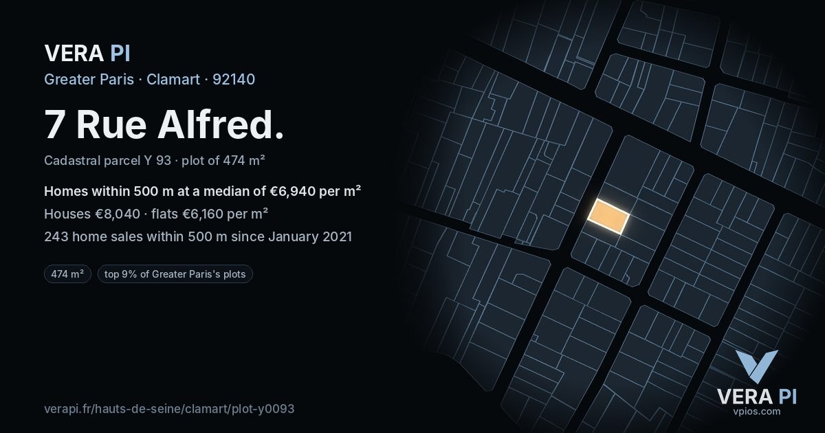 7 Rue Alfred, Clamart at night – the plot lit, the parcels around coloured by the prices near them