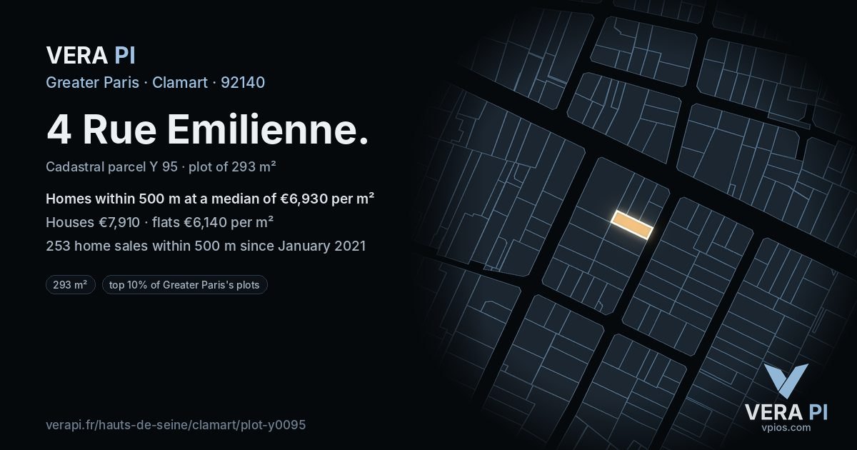 4 Rue Emilienne, Clamart at night – the plot lit, the parcels around coloured by the prices near them