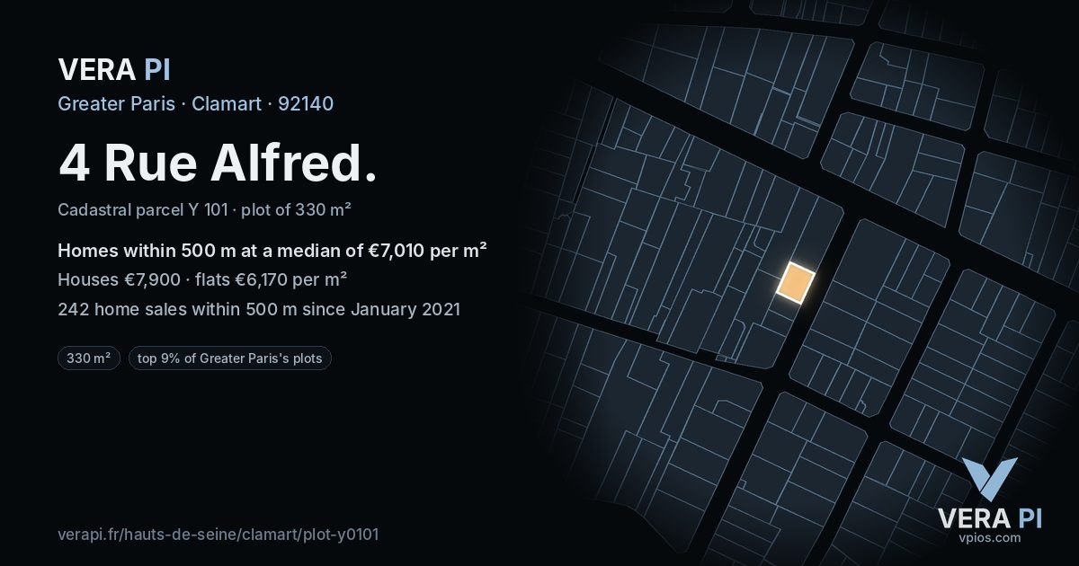 4 Rue Alfred, Clamart at night – the plot lit, the parcels around coloured by the prices near them