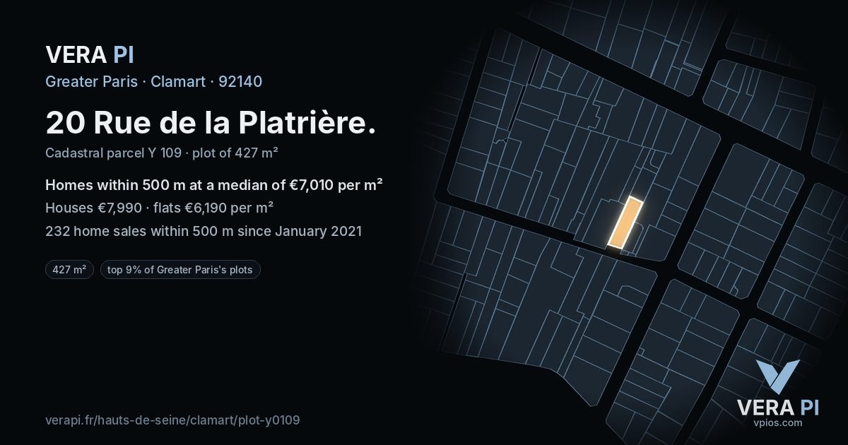 20 Rue de la Platrière, Clamart at night – the plot lit, the parcels around coloured by the prices near them
