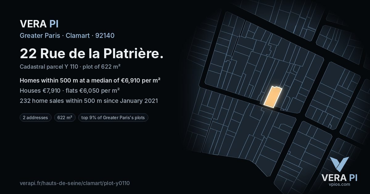 22 Rue de la Platrière, Clamart at night – the plot lit, the parcels around coloured by the prices near them