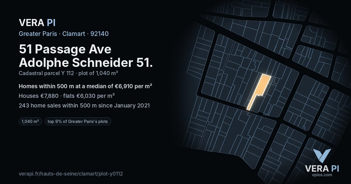 51 Passage Ave Adolphe Schneider 51, Clamart at night – the plot lit, the parcels around coloured by the prices near them