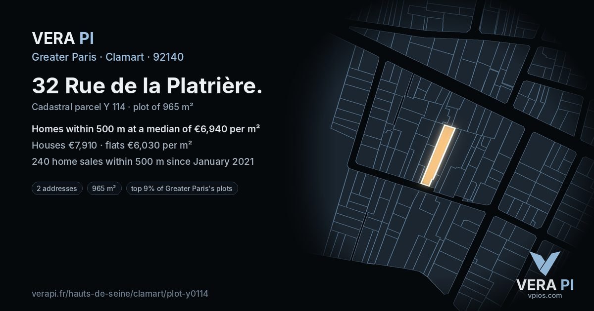 32 Rue de la Platrière, Clamart at night – the plot lit, the parcels around coloured by the prices near them