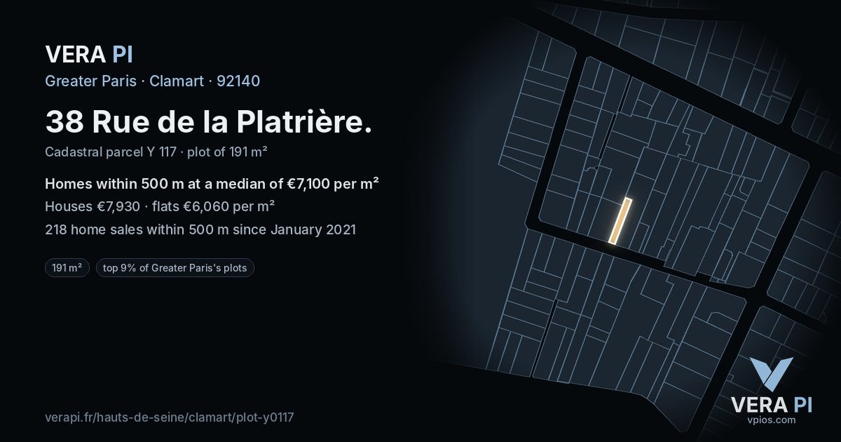 38 Rue de la Platrière, Clamart at night – the plot lit, the parcels around coloured by the prices near them
