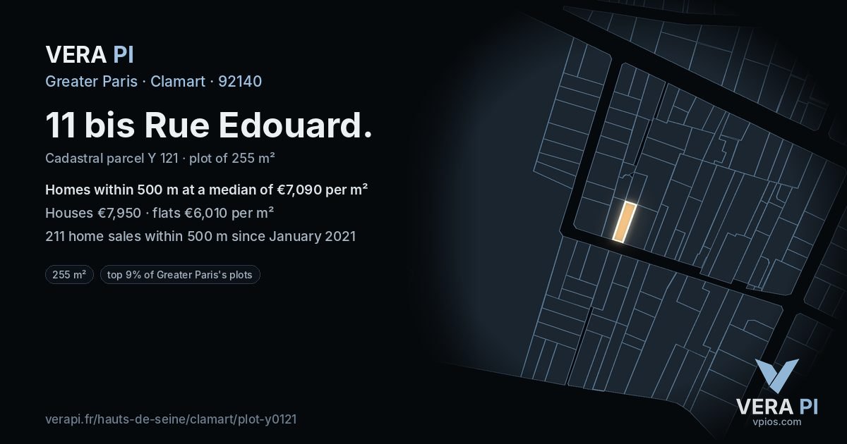 11 bis Rue Edouard, Clamart at night – the plot lit, the parcels around coloured by the prices near them