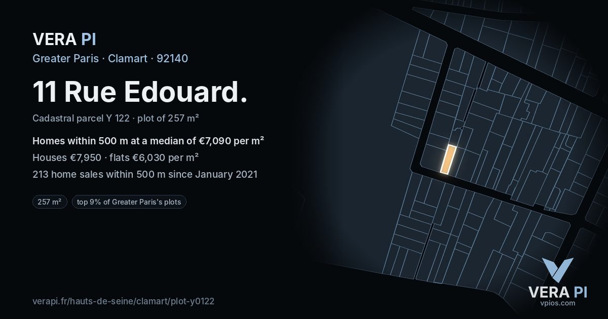 11 Rue Edouard, Clamart at night – the plot lit, the parcels around coloured by the prices near them