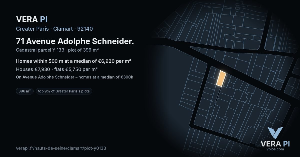 71 Avenue Adolphe Schneider, Clamart at night – the plot lit, the parcels around coloured by the prices near them