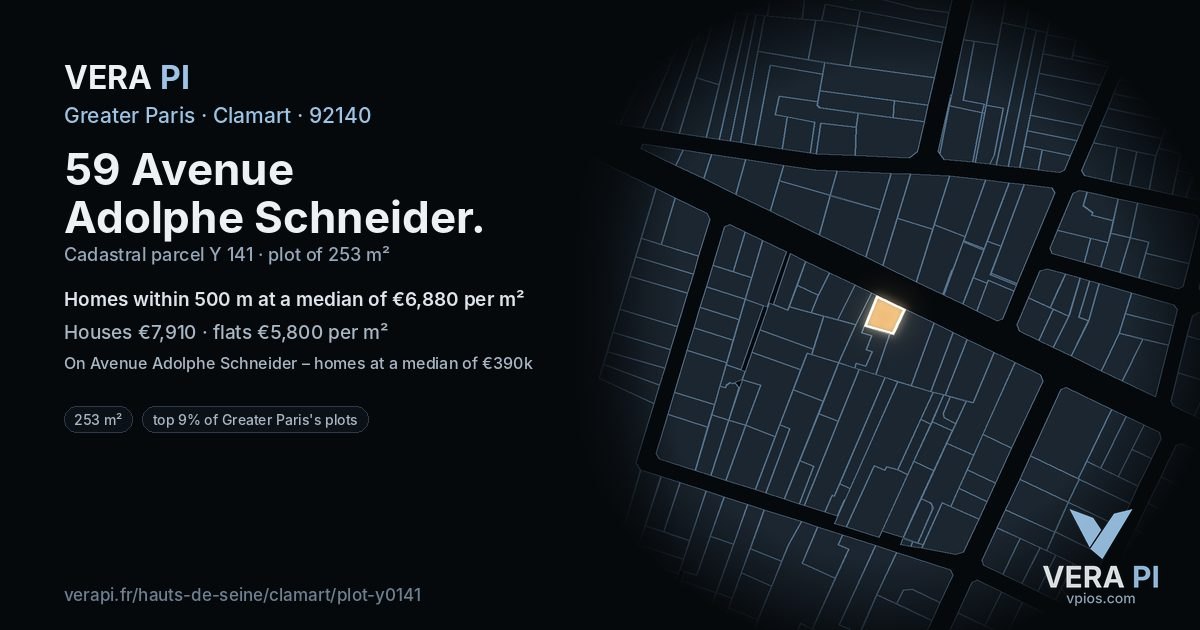 59 Avenue Adolphe Schneider, Clamart at night – the plot lit, the parcels around coloured by the prices near them