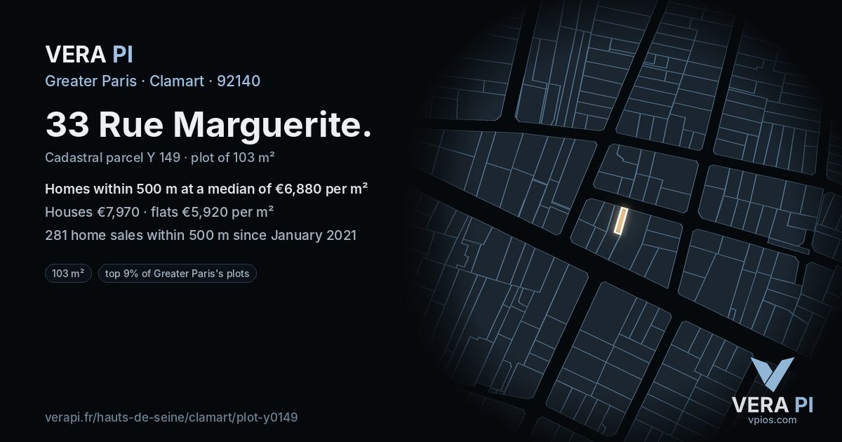 33 Rue Marguerite, Clamart at night – the plot lit, the parcels around coloured by the prices near them