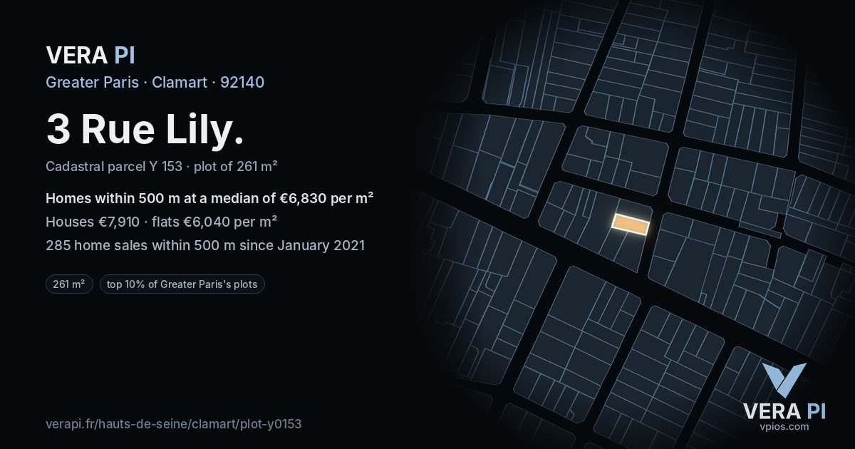 3 Rue Lily, Clamart at night – the plot lit, the parcels around coloured by the prices near them